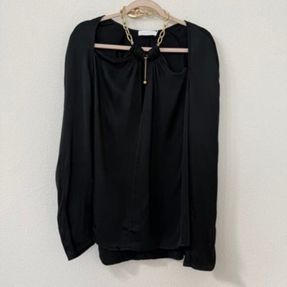 JONATHAN SIMKHAI Gold Chain Neck Black Long Sleeve Blouse Size L Luxury Glam - Picture 1 of 9